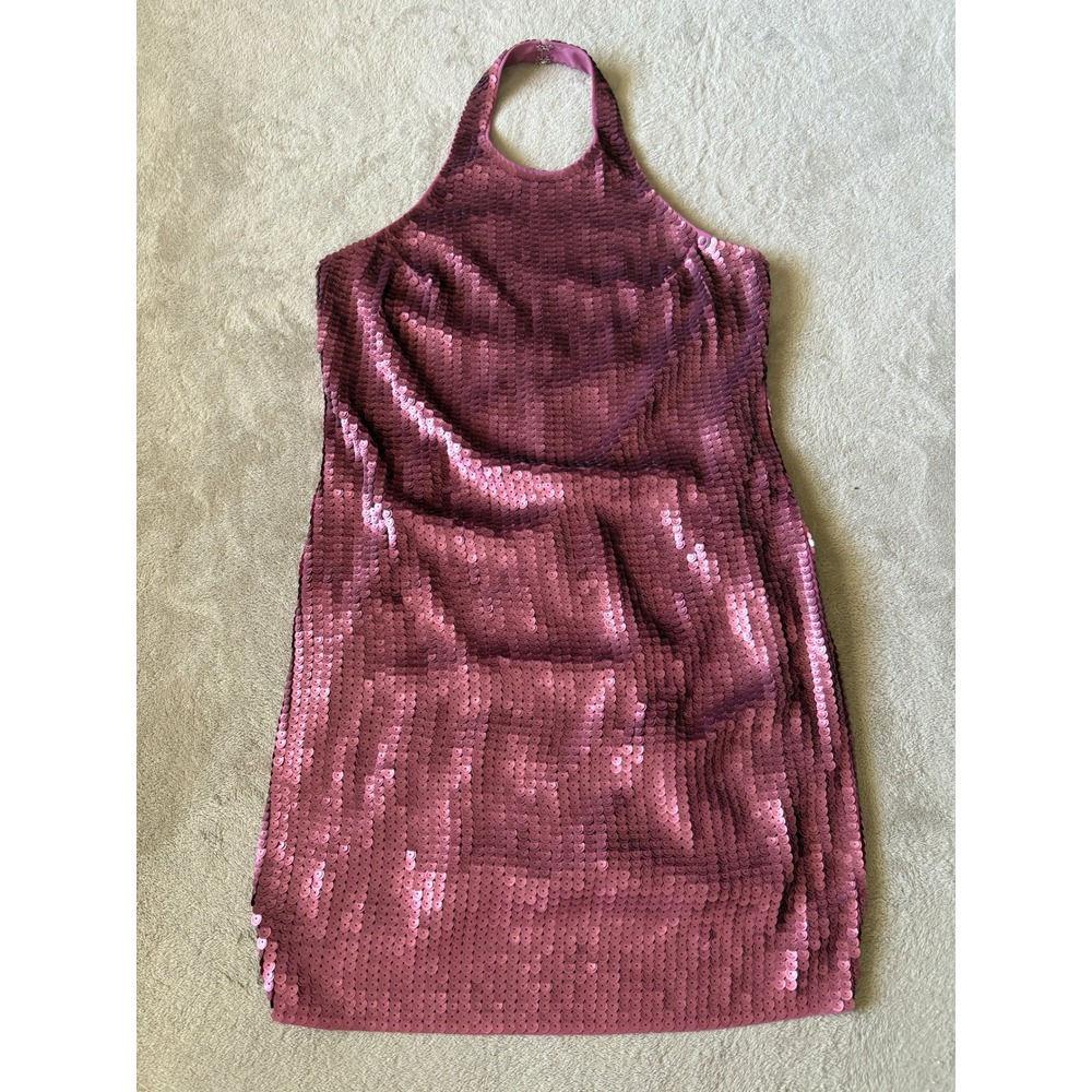 SOLD OUT Express Women Size S Sequin Halter Neck Open Back Mini Shift Dress Pink